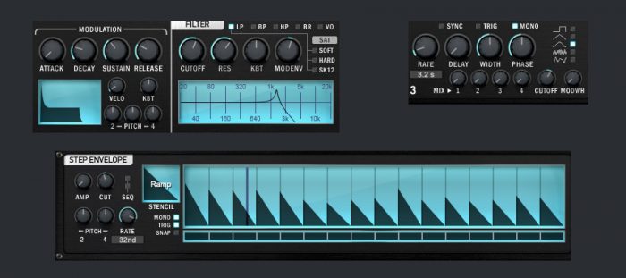 Synthesizer parameters - LFO and mod env and step filter to cutoff